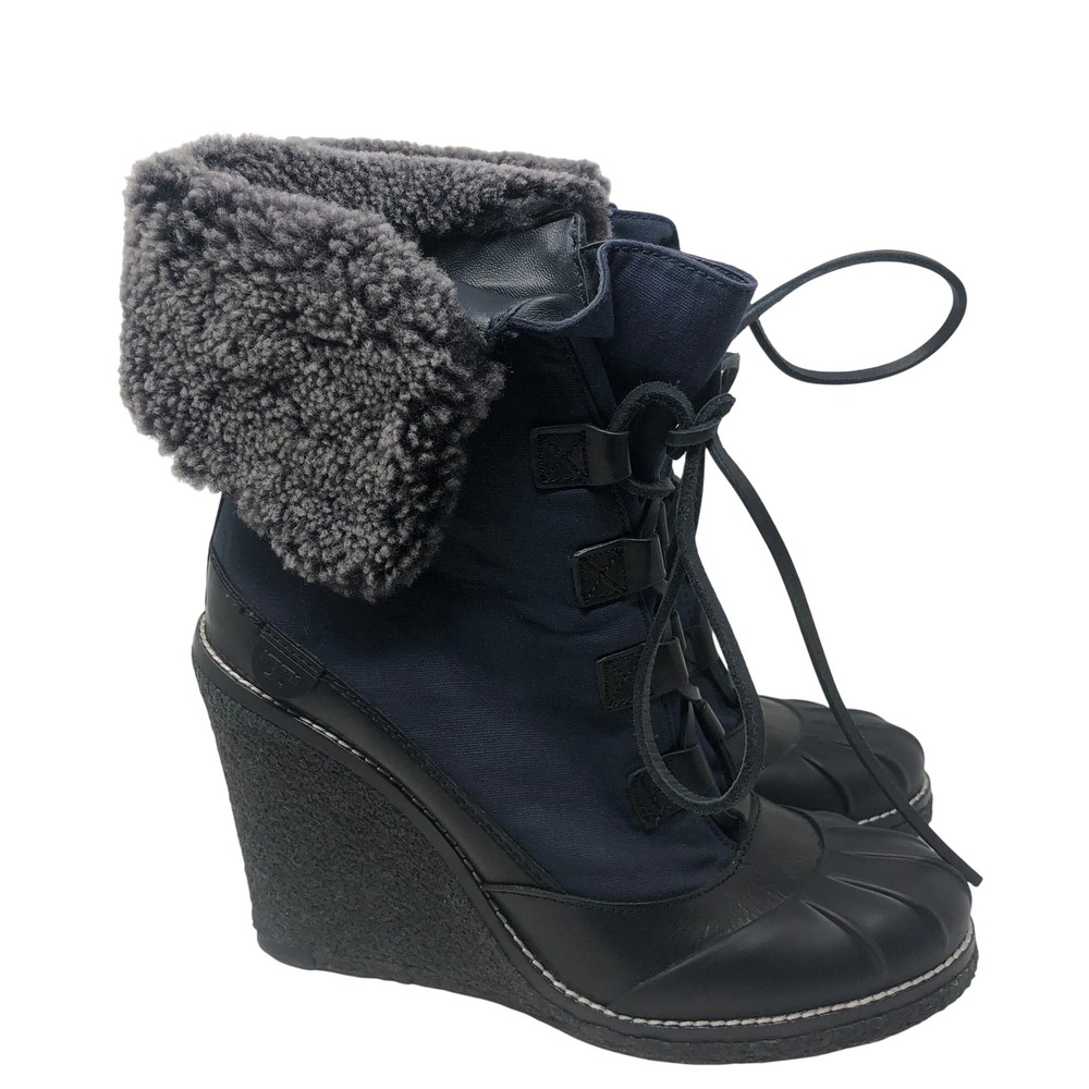 Tory Burch Fairfax 105MM Bootie Womens 11 Navy Black Wedge Faux Fur Luxury Ski